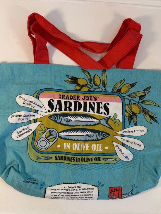 Trader Joe'S Handbags - Trader Joe's Blue Canvas Tote with Red Handles - Sardines Graphic